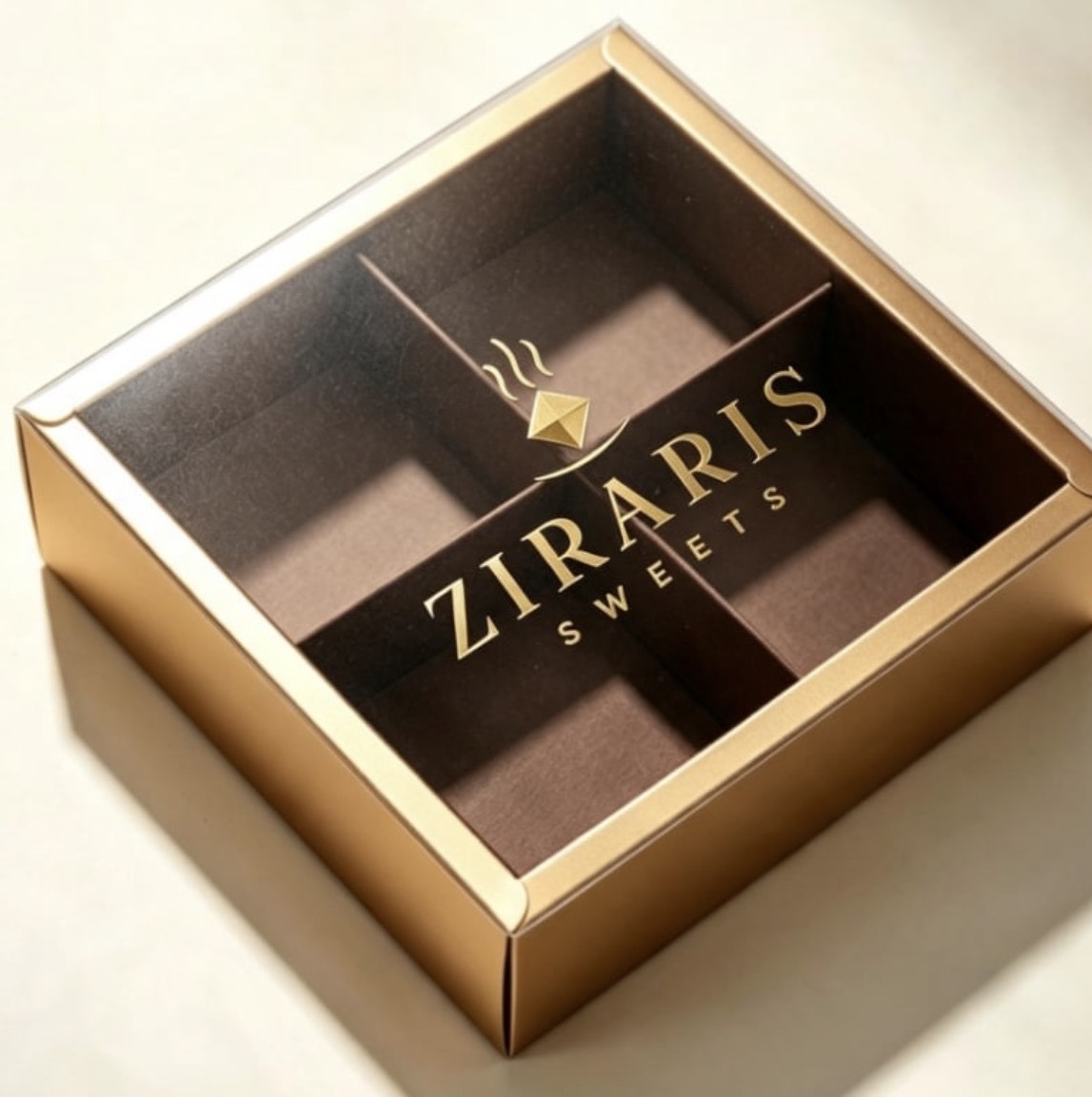 The Ziraris gold box, rigid with a dark interior and the mark set in gold on the lid
